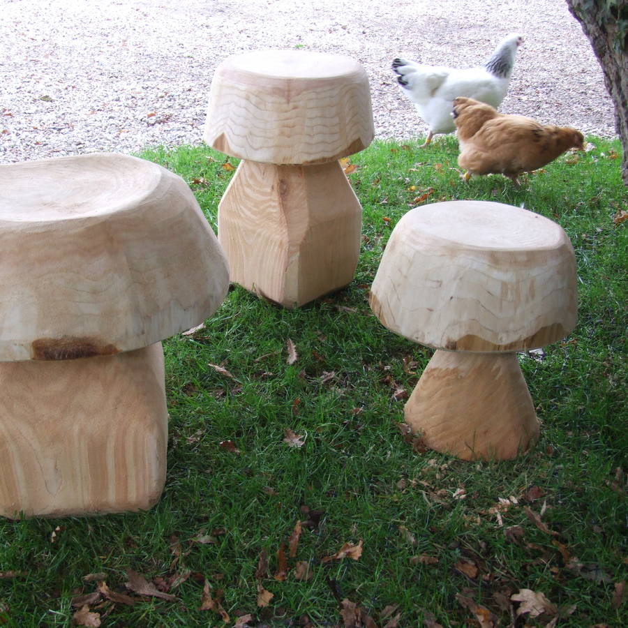Mushroom shaped stools in the backyard