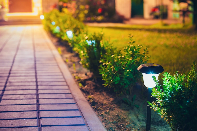 Small solar lights installed in the bed next to a paved garden path
