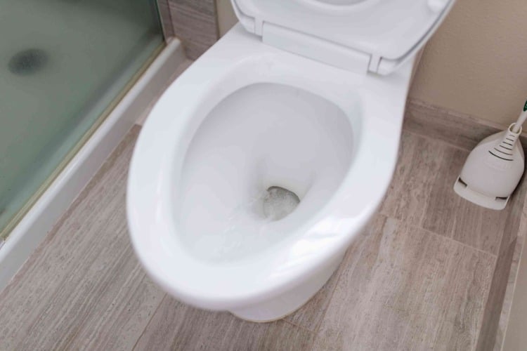 Use the flush button on the flush plate and rinse the toilet bowl with it