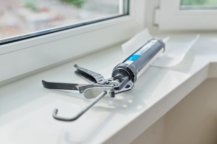 Use a caulking gun for silicone sealant and seal window frames from the inside and outside