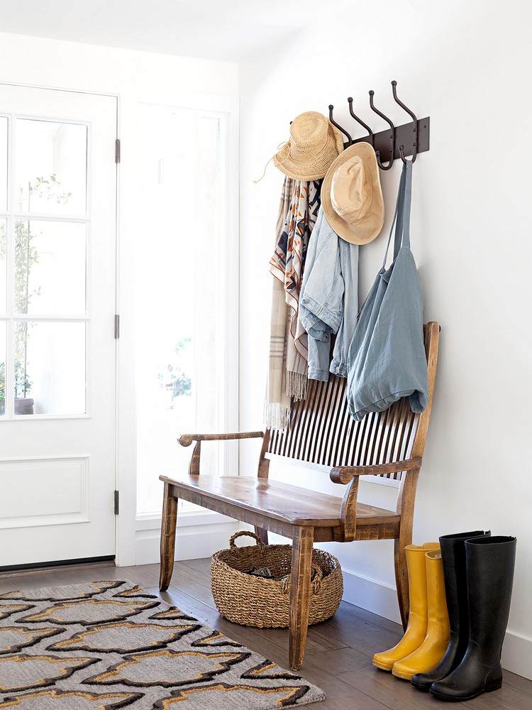 Hallway design in country house style Wooden bench