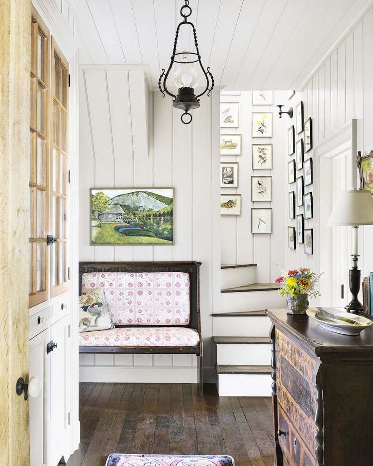 Hallway design in vintage style. Industrial lamp on the ceiling