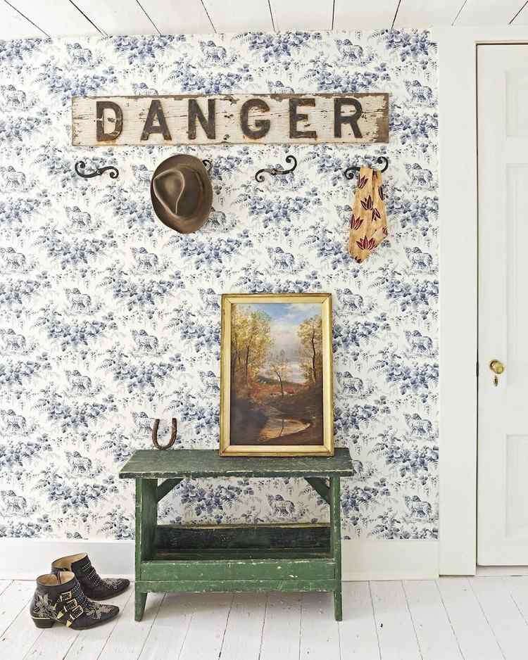 Hallway design in vintage style. Wallpaper on the wall with floral patterns