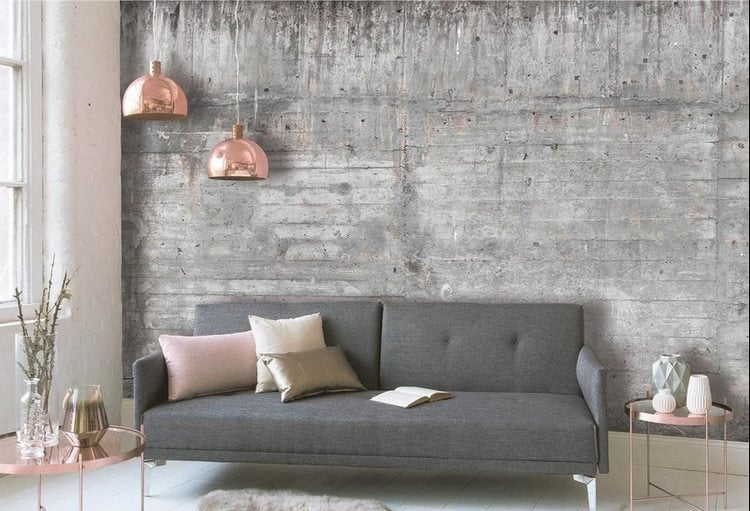 Photo wallpaper concrete look gray for the modern living room combined with accessories in rose gold