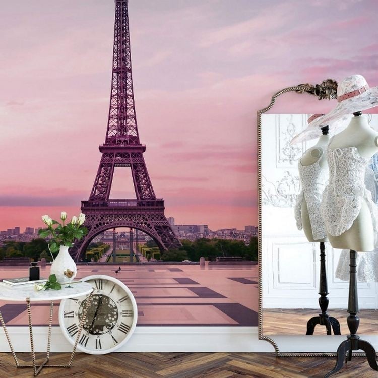 Photo wallpaper Eiffel Tower pink perfect for Parisian vintage style