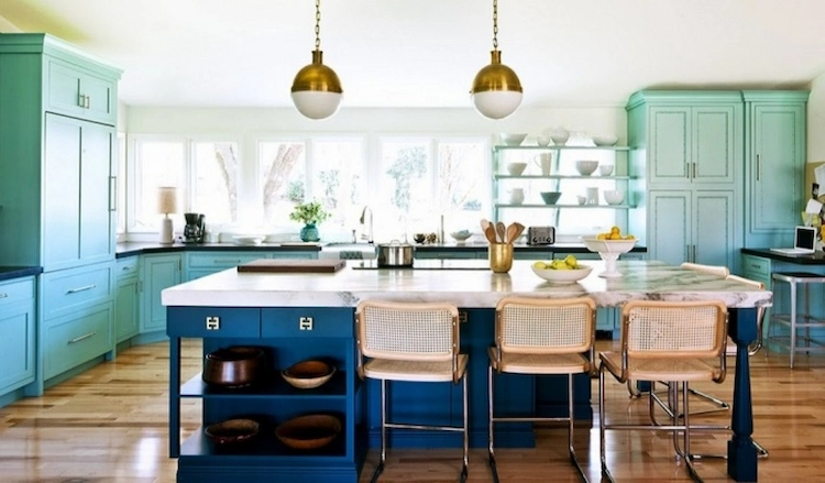 Make your kitchen colorful and spice up unsightly old cabinets with a new coat of paint in blue and green