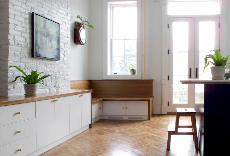 Spice up old cupboards by repurposing them and use them as practical seating with storage space