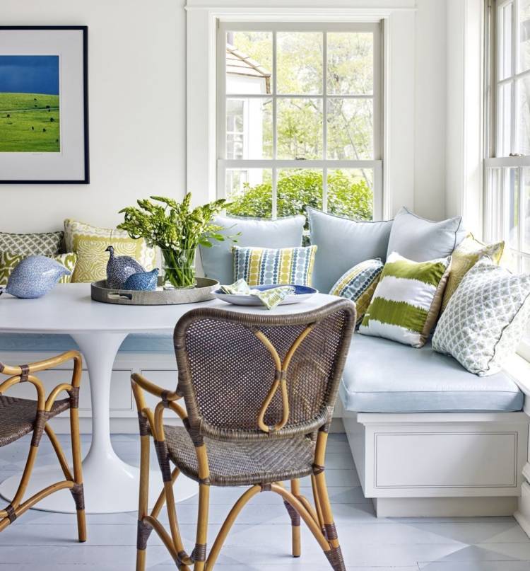 Rattan chairs dining room corner sofa green sky blue Hamptons style