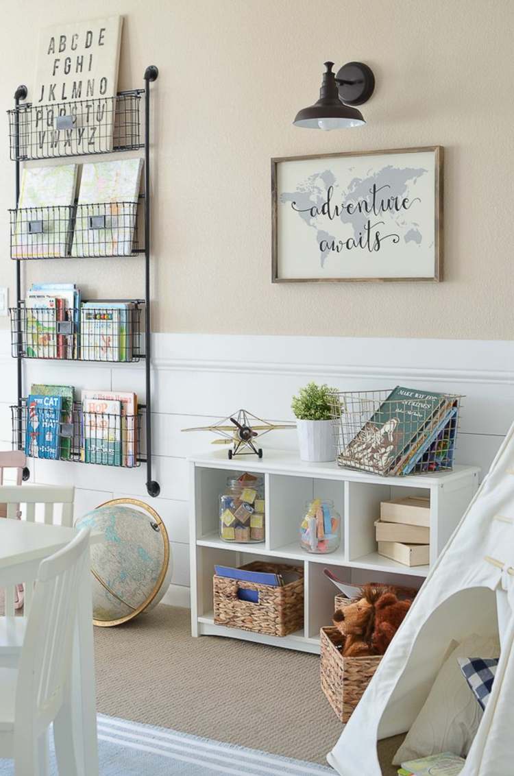 Montessori children's room with Ikea furniture reading corner baskets