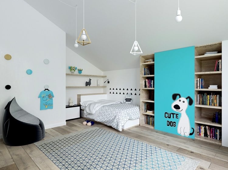 modern style and Montessori combine white blue open shelves