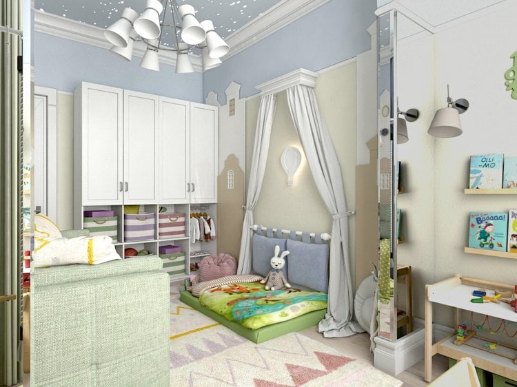 subtle interior colors Speigel as a room divider between the sleeping area and the play area