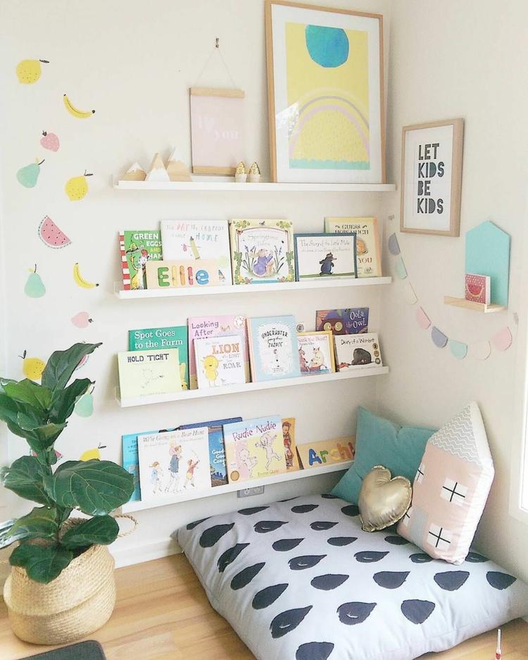 Set up a reading corner in the children's room with seat cushions, bookshelf, photo ledges