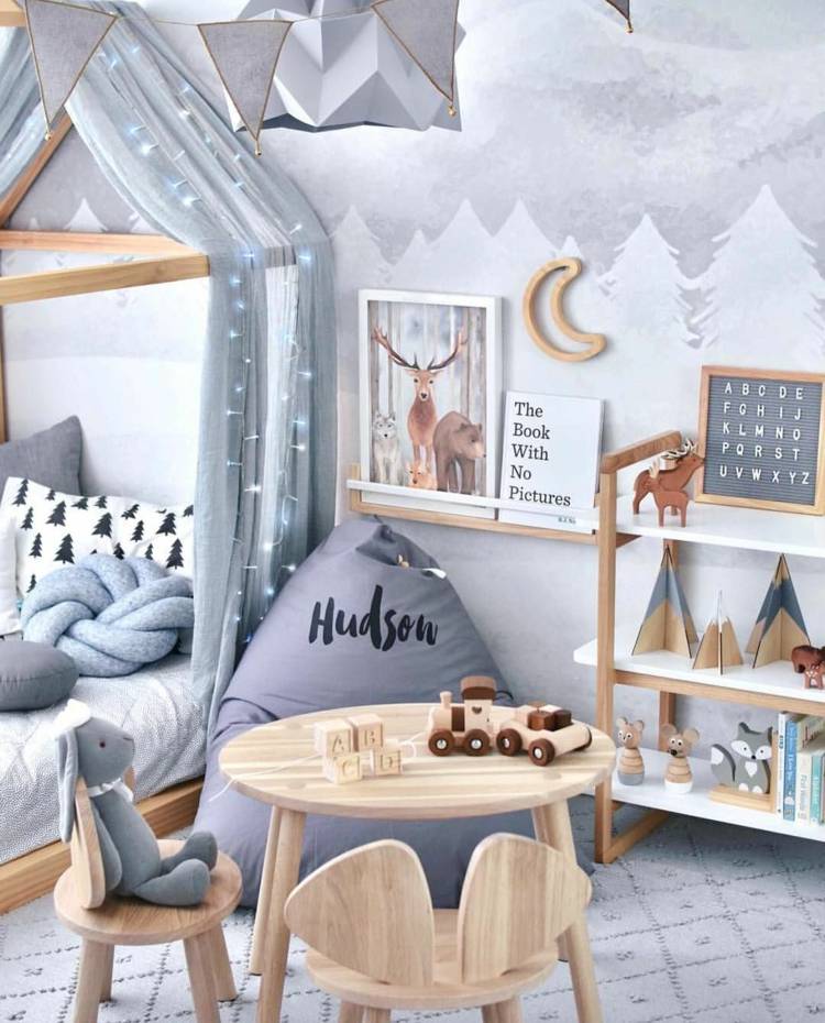 Montessori children's room romantic colors blue-gray wall with forest