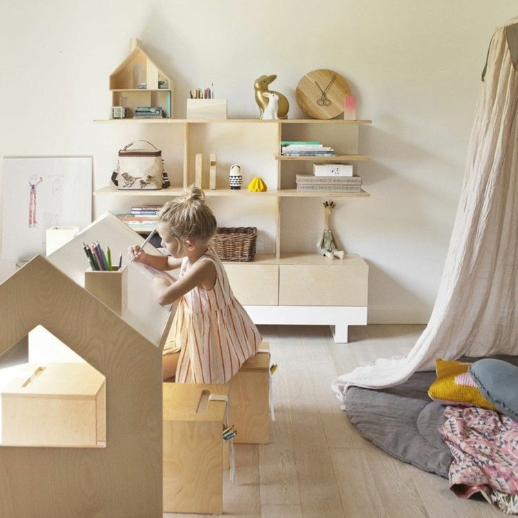Montessori children's room made of natural materials, wooden wall unit in beige